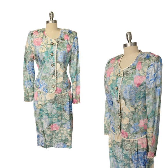 Vintage 80s Talbots Floral Skirt Suit Size 12 Pastel Brocade Garden Party - Picture 1 of 11